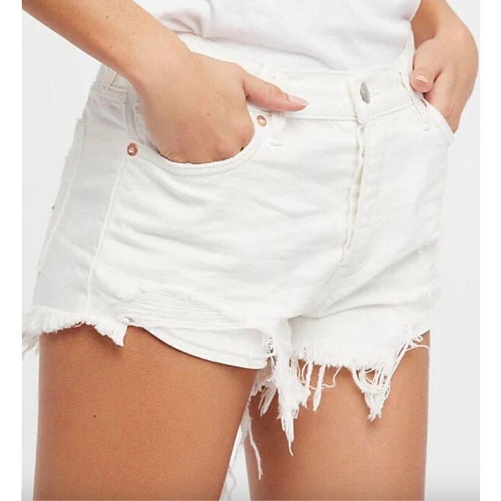 Free People Size 30 White Denim Shorts High Rise Button Fly Distressed Festival